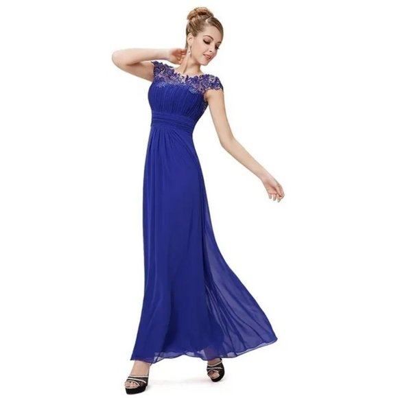 Blue Evening Gown Ball Gown Formal Evening Dresses Sleeveless Lace Decolletage - Picture 3 of 9